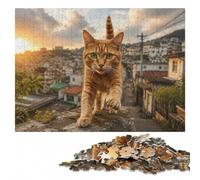 Ginger Cat Leaping Over Cityscape Jigsaw Puzzle for Adults, 500 Pieces | Image-area sorting - less screen time at home on weekends.
