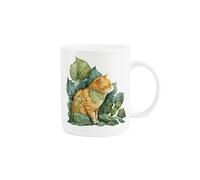 Ginger Cat Mug - Green Leaves Pet Gift for Cat Lovers - Tea/Coffee Bone China Cup Present