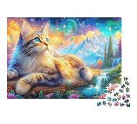 Ginger Cat Rests by River, with Starry Sky And Mountains 1000-Piece Jigsaw Puzzle Cute Cat Classic & Challenging, Gift for All Ages 70x50cm/1000pcs