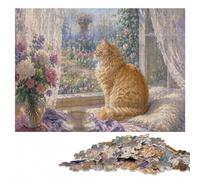 Ginger Cat Sitting by Window Jigsaw Puzzle for Adults, Wooden, 500 Pieces | For home use: Puzzle for Adults - solo or shared puzzle time on weekends.