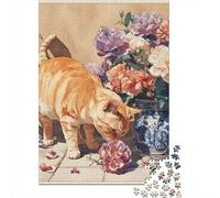 Ginger Cat with Flowers Jigsaw Puzzles Puzzle for Adults Kids. 1000 Piece Whimsical Challenge Toy Educational Game Home Decoration for Adults& Kids Age 14 Years Up 70x50cm/1000pcs