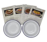 Ginger Ducks Enamel Small Pie Dish Set, 2 Round Tins,Vintage Design, Oven and Dishwasher Safe, with Recipe Cards, Classic White Blue Design