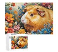 Ginger Guinea Pig in Flowers, 1000 PCS Wooden Art Puzzle, Year-End Present; for Shared Table Time