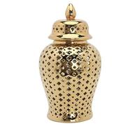 Ginger Jar with Lid Lattice Ceramic 5.9x11inch Hollow Decorative Gold Ginger Jar Minimalist Ginger Jars for Home Decor Vase Living Room TV Stand, Gold Ginger Jar