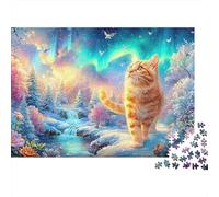 Ginger Kitten in A Snowy, Glowing Forest with Auroras 1000 Piece Jigsaw Puzzle Cute Cat for Boys, Girls, Men & Women 38x26cm/1000pcs