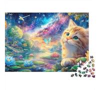 Ginger Kitten Watches Butterfly by Lotus-filled, Starry Lake 1000 Piece Jigsaw Puzzle Cute Cat for Boys, Girls, Men & Women 38x26cm/1000pcs