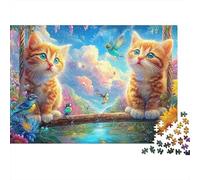 Ginger Kittens on Bridge with Birds, Vivid Blooms 1000-Piece Jigsaw Puzzle Cute Cat Challenging & Educational for All Ages 38x26cm/1000pcs