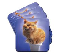 Ginger Persian Cat On Podium Set Of 4 Premium Wooden Coasters