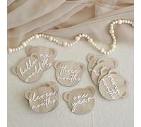 Ginger Ray 13x Wooden Teddy Bear Shaped Milestone 1x Hello World Sign Baby Shower Gift, Neutral