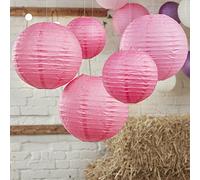 Ginger Ray 5 X Fuchsia Pink Round Paper Lantern With Wire Ribbing Decorations In 2 Sizes - Boho