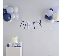 Ginger Ray 50th Navy Blue Birthday Party Eco Banner Fifty Bunting Hanging Decoration with Included Balloons, Medium