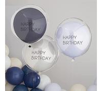 Ginger Ray Blue & Silver Happy Birthday Orb & Latex Double Stuffed Party Balloons - 3 Pack