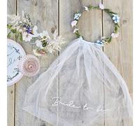 Ginger Ray 'Bride to Be' Hen Party Veil with Floral Crown Accessory, Pink, Rose, White, 60 cm * 30 cm