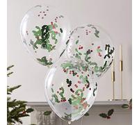 Ginger Ray Christmas Holly Filled Party Confetti Balloons 5pk,Green,red