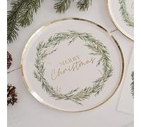 Ginger Ray Christmas Wreath Paper Party Table Plates with Gold, Pack of 8