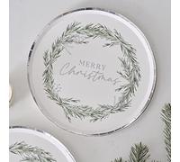 Ginger Ray Christmas Wreath Paper Party Table Plates with Silver Pack of 8, SIL-425