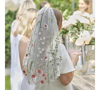 Ginger Ray Double Layered Embroidered Floral Veil with Hair Comb Attach for The Bride to Be Hen Party Wearable 60cm, Multicoloured
