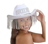 Ginger Ray Embellished Faux Pearl 'Bride' White Cowboy Hat with Tasselled Rim Hen Party Wearable