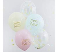 Ginger Ray Happy Easter Pastel and confetti Filled Balloons - 5 pack, Hop This Way, Yellow,pink