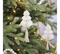 Ginger Ray Honeycomb Cream Christmas Tree Decorations with Macrame Tassels Pack of 4, NN-142, 10m