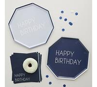 Ginger Ray Navy Blue Eco Friendly Paper Party Happy Birthday Plates - 8 Pack,25 centimeters