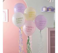 Ginger Ray Pastel 'Happy Birthday' Latex Balloons Bundle with Tissue Paper Tails 5 Pack