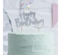 Ginger Ray Sparkling Silver Glitter Happy Birthday Cake Candle Topper Pick and Mix