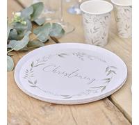 Ginger Ray White and Green Botanical Christening Paper Plates Pack of 8 White, Green,25 centimeters