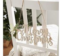 Ginger Ray Wooden Eco Merry Christmas Chair Back Table Hanging Bunting Decorations with Foliage, Red and Green