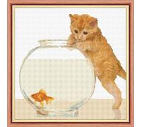 Ginger Tabby Cat & The Goldfish - 14 Count Cross Stitch Kit, 10" x 10" Free P+P