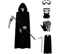 GINGER TECH 5pcs Grim Reaper Costume Set Kids Adults, 90cm Scary Kid Adult Costumes, Ghostface Costume Skeleton Costumes, for Boys Girls Halloween Costumes & Cosplay Parties (Kids)