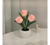 GINGER TECH LED Tulip Night Light, Artificial Flower Night Light with Ceramic Vase, Battery Powered Simulation Tulip Bedside Table Lamp for Birthday Gift Bedroom Decor (Pink)