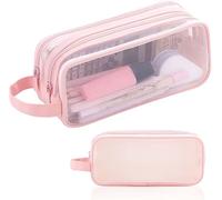 GINGER TECH Pencil Case Clear Mesh Pencil Pouch, Large Capacity Pencil Bag for Exam, 2 Compartment Pen Bag, Zipper Transparent Stationary Pen Cases for Student College Business Travel Office (Pink)