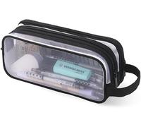 GINGER TECH Pencil Case Clear Mesh Pencil Pouch, Large Capacity Pencil Bag for Exam, 2 Compartment Pen Bag, Zipper Transparent Stationary Pen Cases for Student College Business Travel Office (Black)