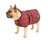 Ginger Ted Waterproof Bulldog Frenchie Dog Coat size 18"/46cm Red Tartan - for medium to large barrel chested dogs, warm fleecy lining, reflective piping, quick fastening, jacket raincoat style