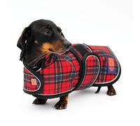 Ginger Ted Waterproof Dachshund Coat size 12"/30cm Red Tartan - for short-legged breeds, warm fleecy lining, reflective piping, quick fastening, jacket raincoat style