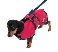 Ginger Ted Waterproof Harness Dachshund Coat size 12"/30cm Cherry Red - for short-legged breeds, warm fleecy lining, shoulder harness slot hole, reflective piping, jacket raincoat style