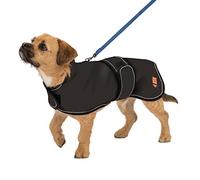 Ginger Ted Waterproof Harness Dachshund Coat size 14"/36cm Black - for short-legged breeds, warm fleecy lining, shoulder harness slot hole, reflective piping, jacket raincoat style