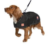 Ginger Ted Waterproof Harness Dog Coat size 14"/36cm Black - warm fleecy lining, shoulder harness slot hole, reflective piping, quick fastening, jacket raincoat style