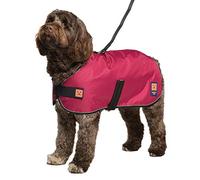 Ginger Ted Waterproof Harness Dog Coat size 26"/66cm Cherry Red - warm fleecy lining, shoulder harness slot hole, reflective piping, quick fastening, jacket raincoat style