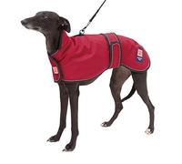 Ginger Ted Waterproof Harness Greyhound Whippet Lurcher Dog Coat - size 32"/81cm Cherry Red - for sighthounds, warm fleecy lining, harness slot, reflective piping, jacket raincoat style