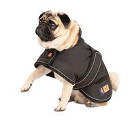 Ginger Ted Waterproof Pug Frenchie Dog Coat size 12"/30cm Black - for small to medium barrel chested dogs, warm fleecy lining, reflective piping, quick fastening, jacket raincoat style