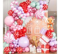 Gingerbread Balloon Arch Garland Kit,126Pcs Pastel Pink Light Purple Dusty Green Metallic Red Xmas Balloons with Candy Cane Gingerbread Man Foil Balloon for Merry Christmas Party New Year Decorations