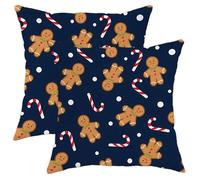 Gingerbread Biscuits Pillow Covers Set of 2, Navy Blue Holiday Throw Pillows Case, Christmas Decorative Square Cushion Covers for Home Sofa Bed Couch 16x16 Inch