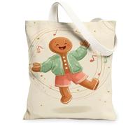 Gingerbread Canvas Tote Bag, Fun Holiday Design Reusable Grocery Bags, Lightweight Washable Shoulder Strap Canvas Bags for, Beige, 13x15 Inch