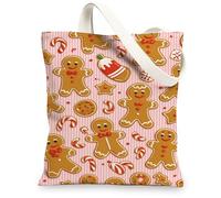 Gingerbread Canvas Tote Bags, Cute Holiday Biscuits Pattern Reusable Grocery Bags, Fun Festive Lightweight Washable Shoulde, Peach, 13x15 Inch