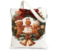 Gingerbread Canvas Tote Bags, Festive Biscuits Design Reusable Shopping Bags, Holiday Cheer Lightweight Washable Shoulder Strap Canvas for Grocery Travel Beach 13x15 Inch