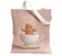 Gingerbread Canvas Tote Bags, Holiday Sweet Treats Design Reusable Bags, Vintage Lightweight Washable Shoulder Strap Canvas, Peach, 13x15 Inch