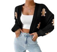 Gingerbread Cardigan, Gingerbread Sweater Women, Christmas Open Front Cropped Cardigan Sweaters(Black,S)