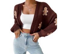 Gingerbread Cardigan, Gingerbread Sweater Women, Christmas Open Front Cropped Cardigan Sweaters(Coffee,L)